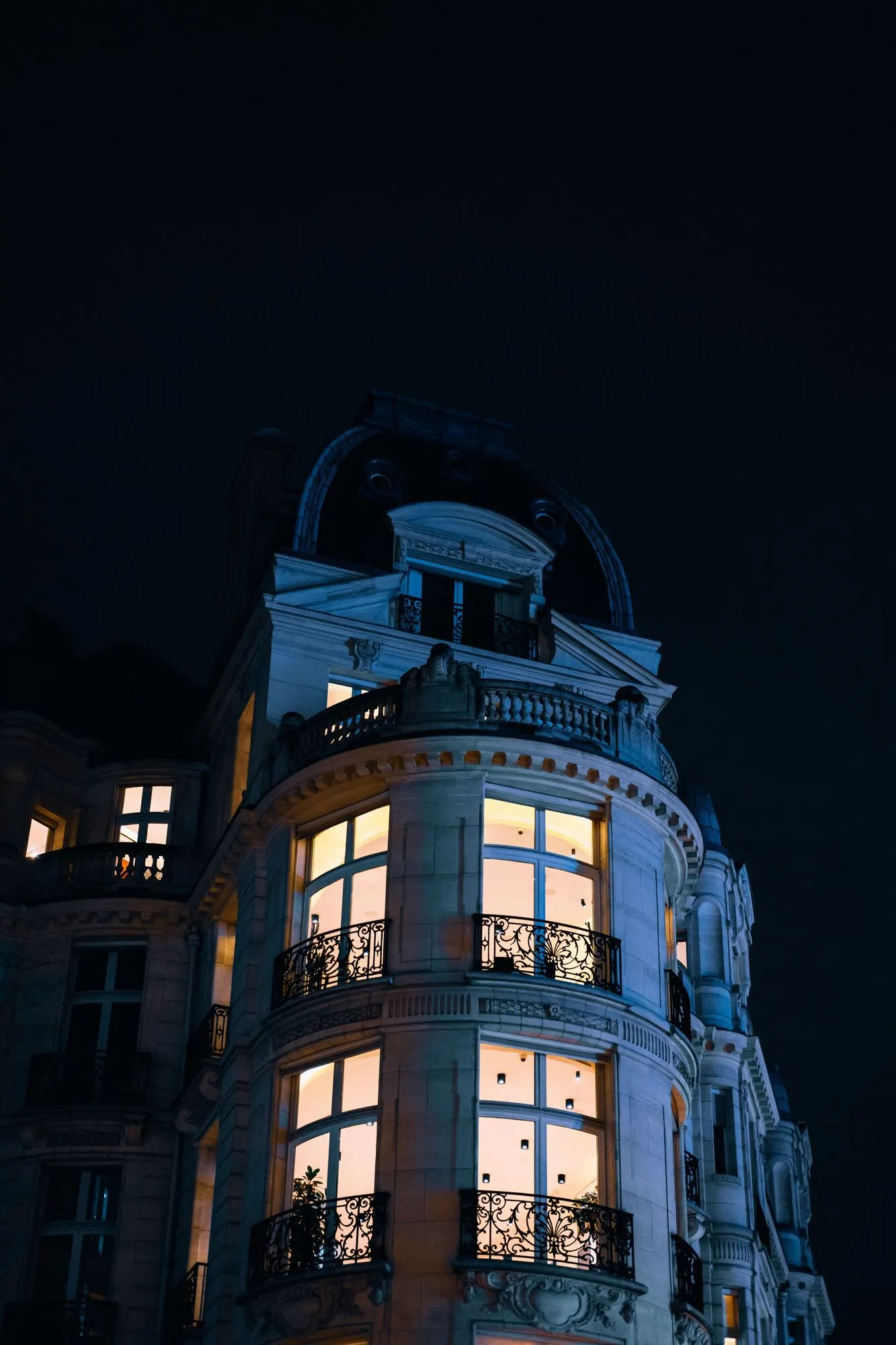 A facade at night.