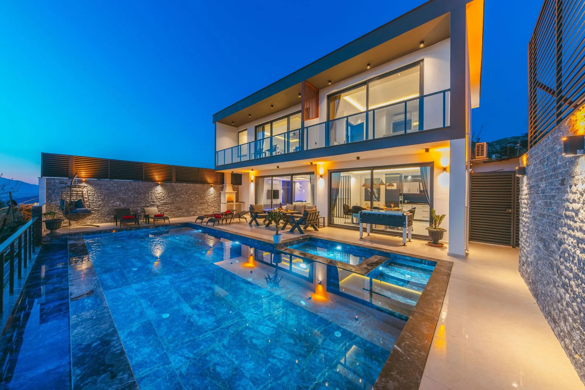 Pool, terraces, blue hour.